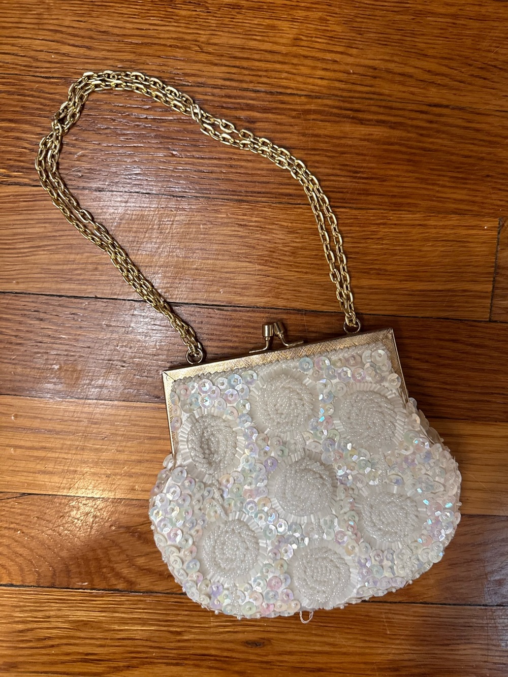 Vintage Mid Century White Iridescent Sequin Beaded Evening Purse Hand Made
